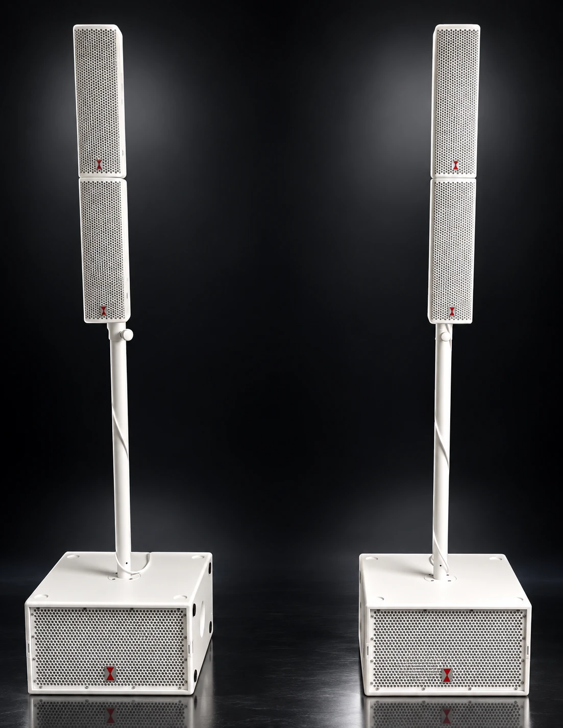 Weißes Voice-Acoustic-Soundsystem mit vier Säulenlautsprechern und zwei Subwoofern